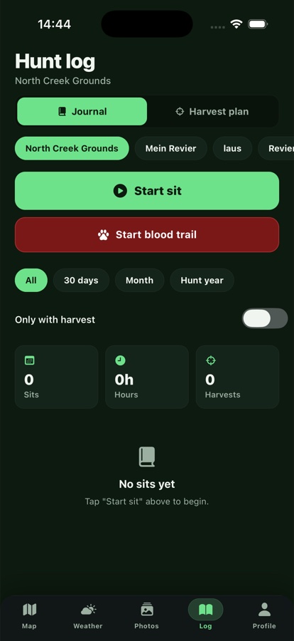 Hunt log with start sit and start blood trail buttons