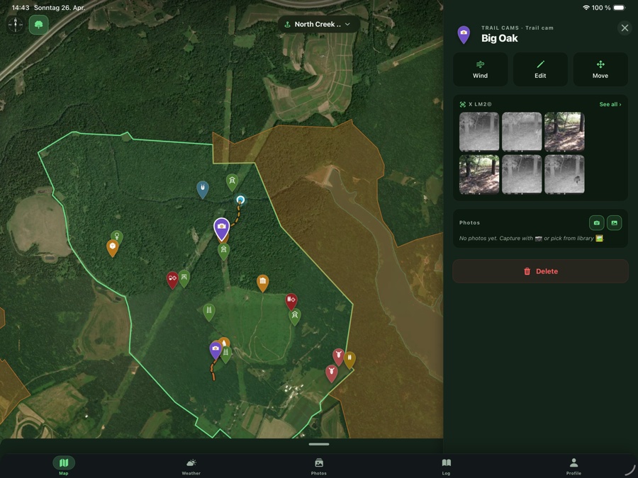 Trail camera detail with last six captures right at the marker